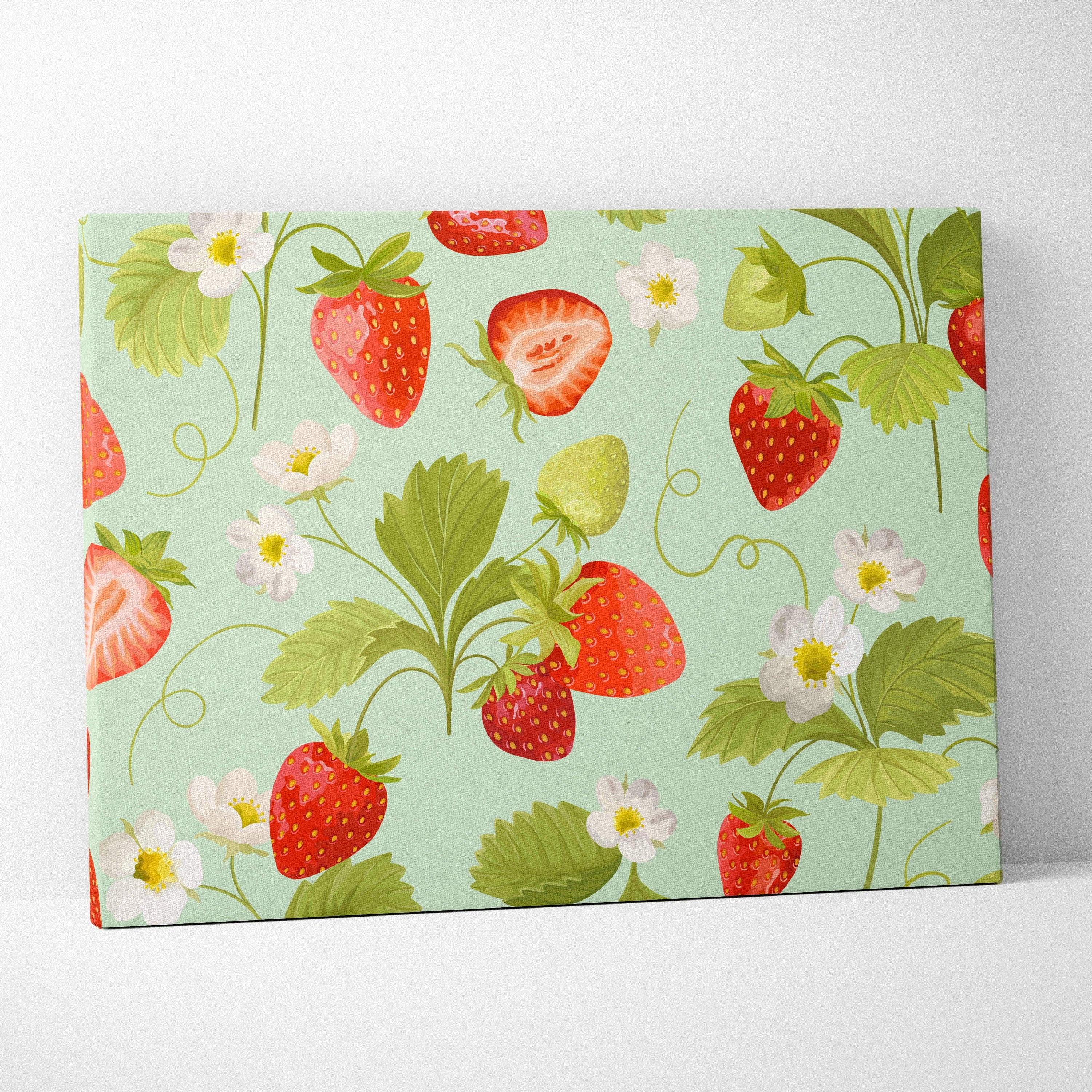 Strawberry floral canvas wall art with ripe red berries and white blossoms on mint green