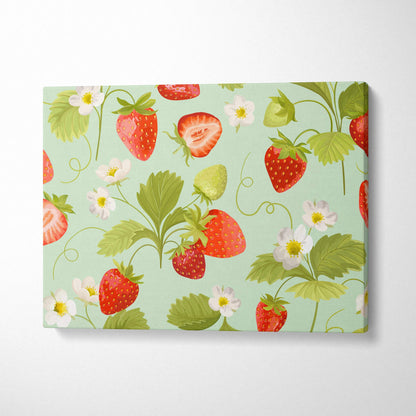Strawberry floral pattern canvas wall art with ripe red berries, green leaves, white blossoms on mint background