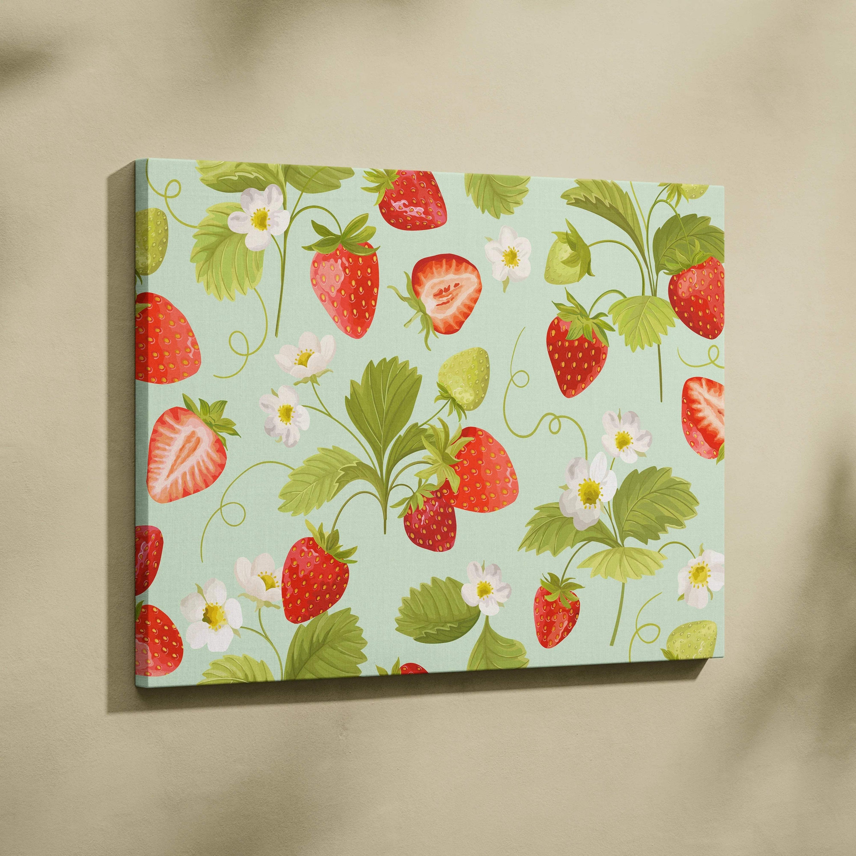 Strawberry floral pattern canvas wall art with ripe red berries and blossoms
