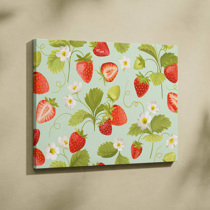 Strawberry floral pattern canvas wall art with ripe red berries and blossoms