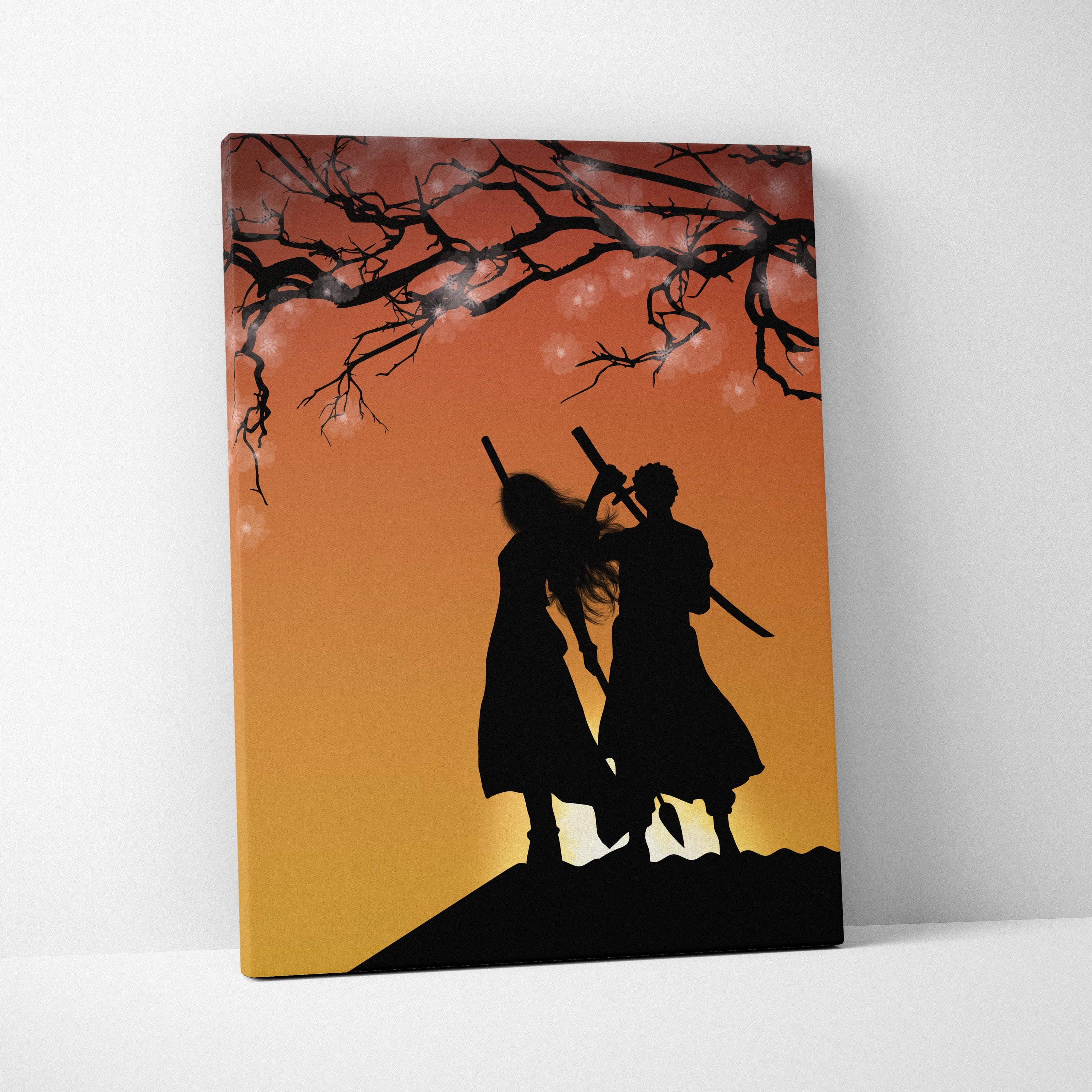 Orange black samurai couple canvas print with sword silhouettes at sunset framed by dark tree branches for wall decor