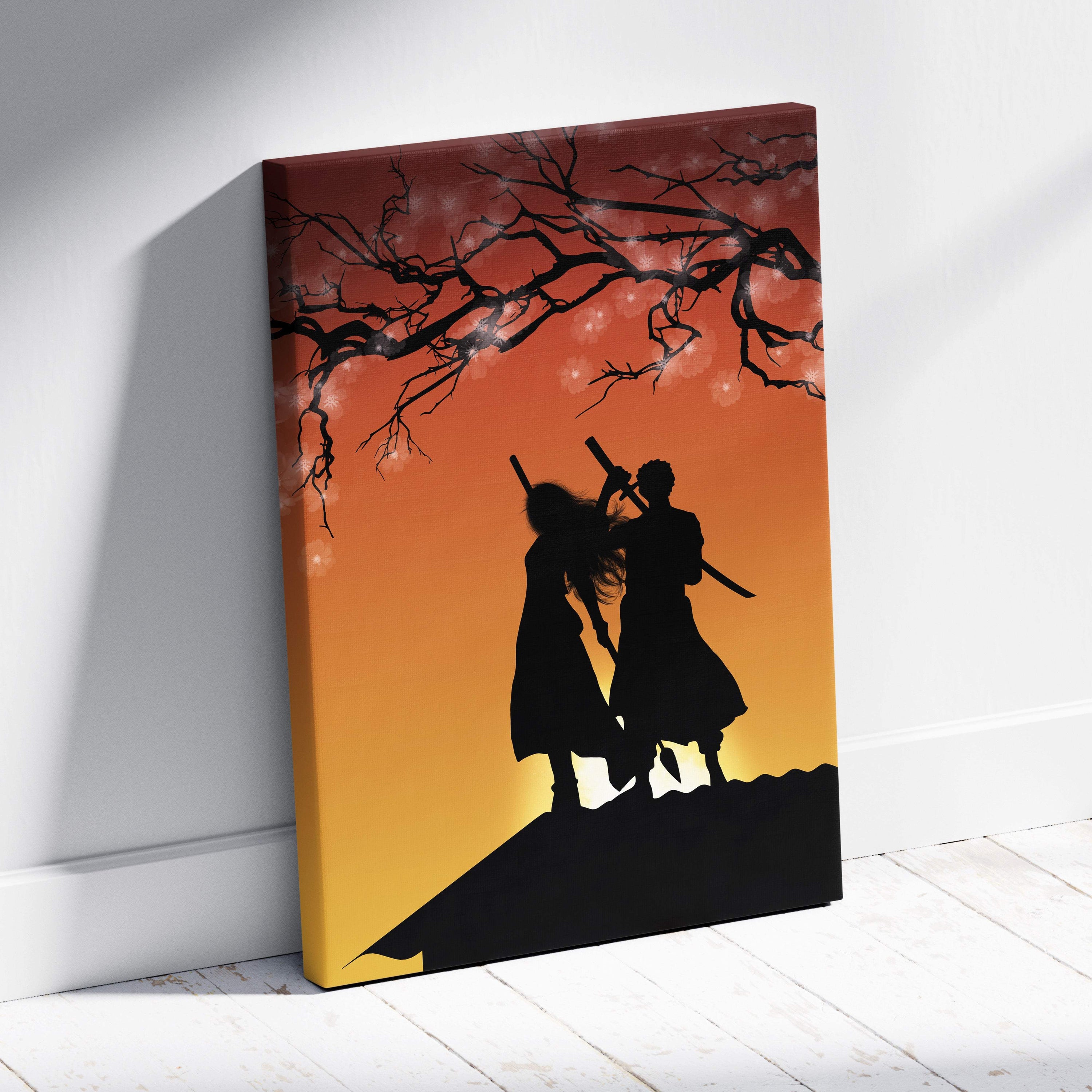 Canvas print of silhouetted samurai couple on rooftop at orange and red cherry blossom sunset for bedroom decor