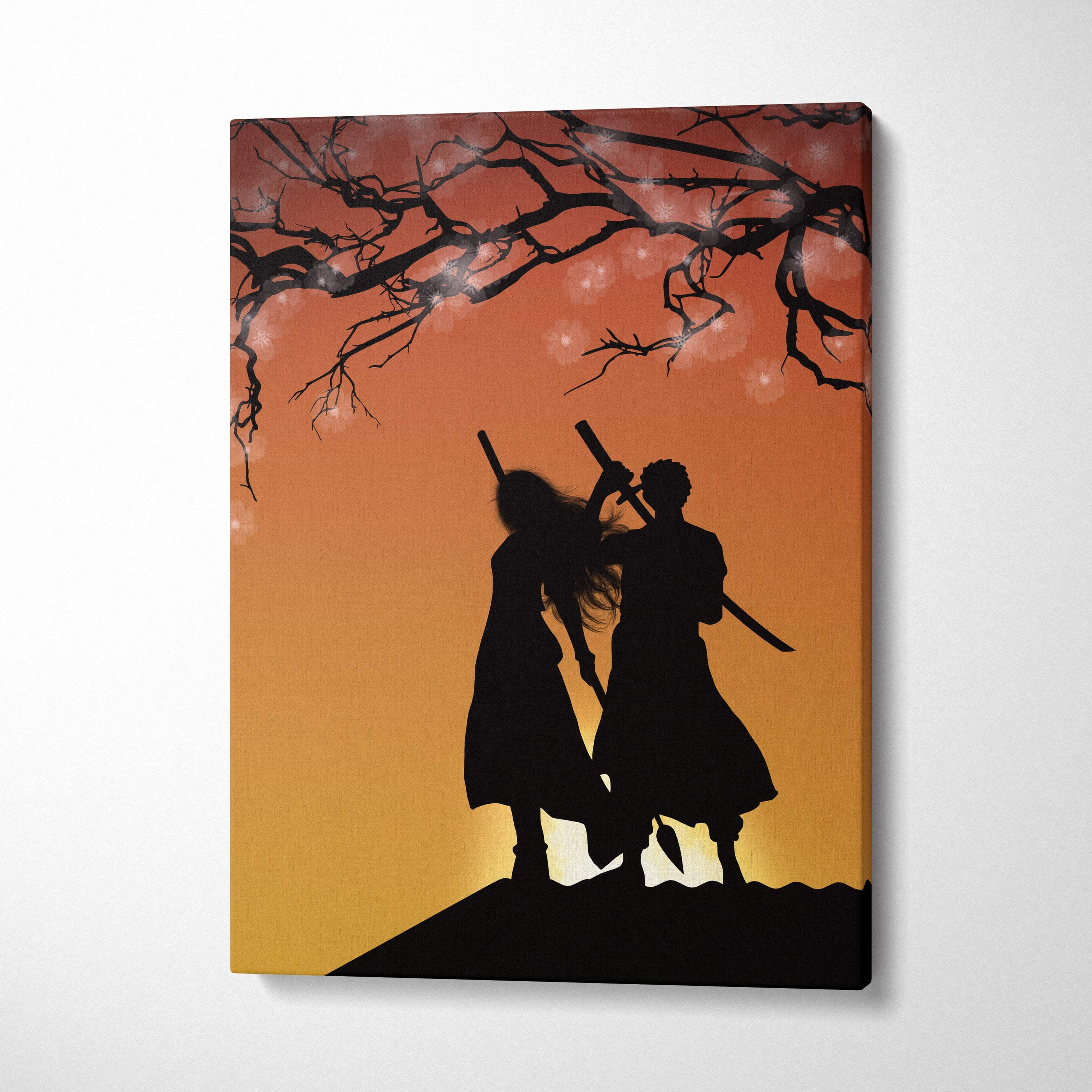 Orange black samurai couple canvas print with sword silhouettes against sunset and tree branches for bedroom decor