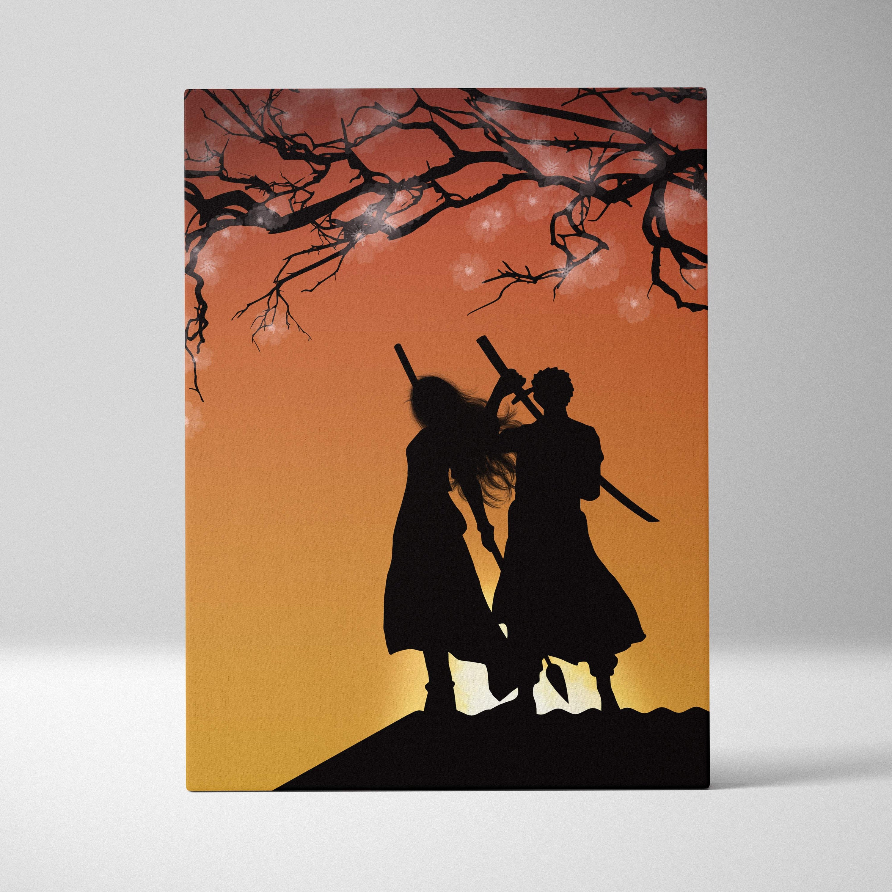 Orange gradient canvas print showing silhouettes of samurai couple with swords beneath tree branches at sunset