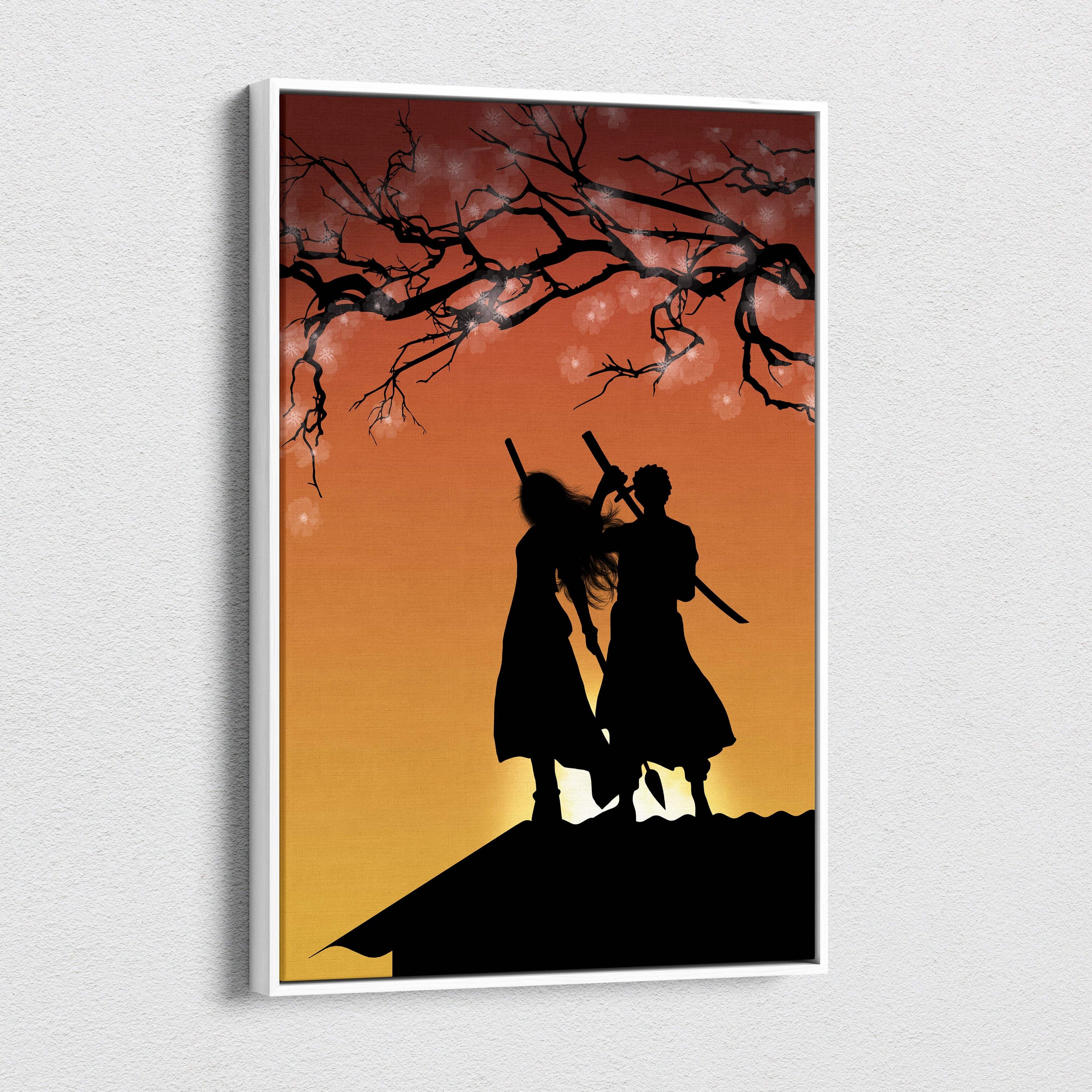 White-framed canvas print of orange black samurai couple silhouettes with swords against cherry blossom sunset backdrop