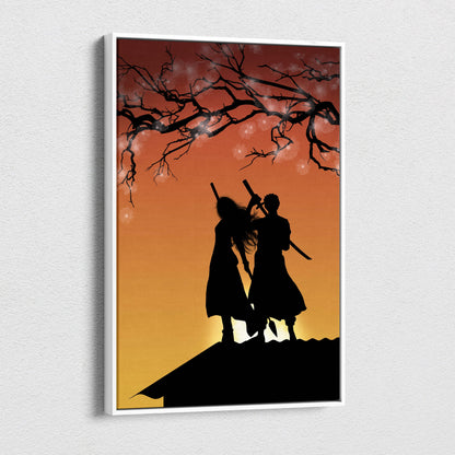 White-framed canvas print of orange black samurai couple silhouettes with swords against cherry blossom sunset backdrop