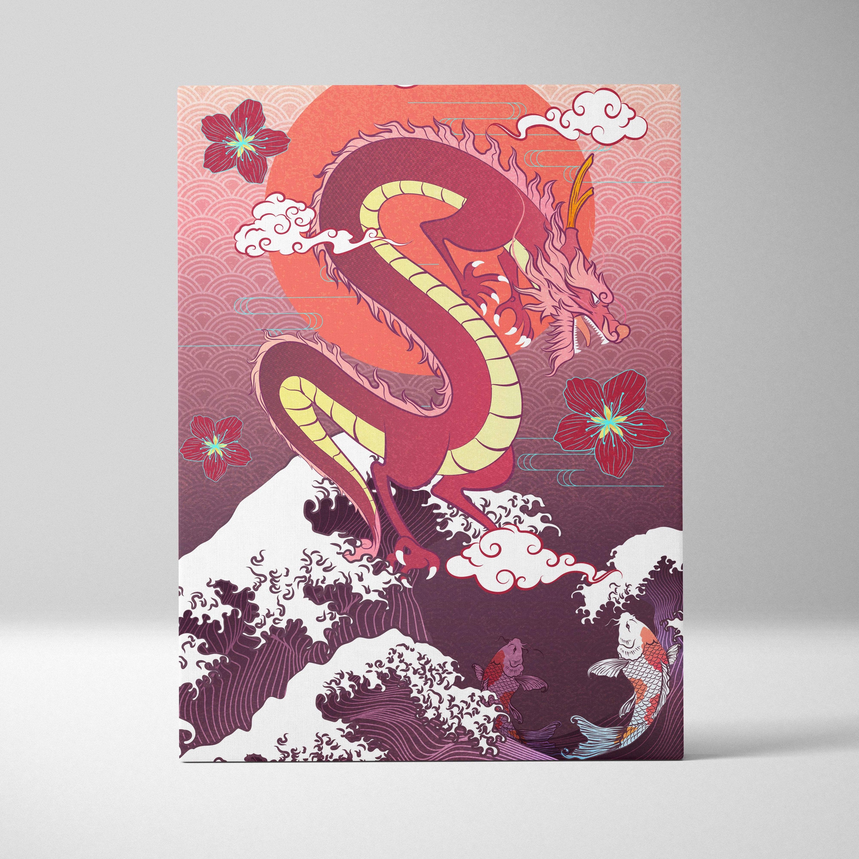 Purple japanese dragon wave canvas wall art with vibrant red and yellow dragon, cherry blossoms, and koi fish on pink sunset background
