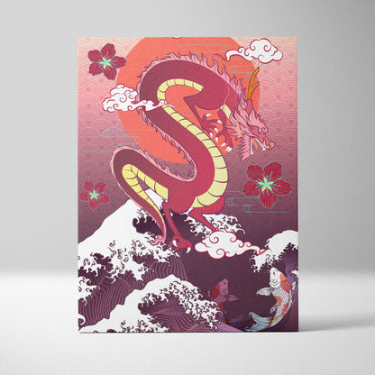 Purple japanese dragon wave canvas wall art with vibrant red and yellow dragon, cherry blossoms, and koi fish on pink sunset background