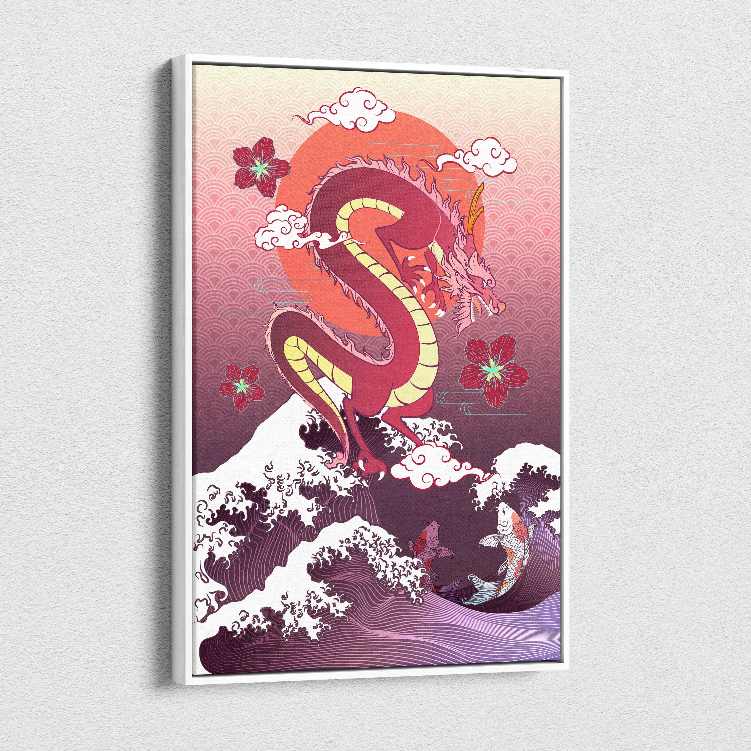 A vibrant red dragon with yellow underbelly on a framed canvas in stylized japanese art for game room wall decor