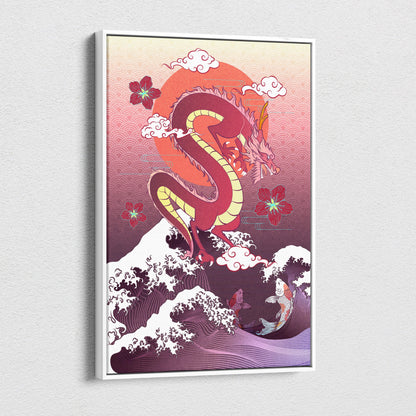 A vibrant red dragon with yellow underbelly on a framed canvas in stylized japanese art for game room wall decor