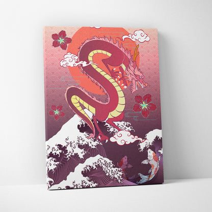 Purple japanese dragon wave canvas wall art featuring vibrant pink and red dragon with yellow underbelly on sunset koi backdrop