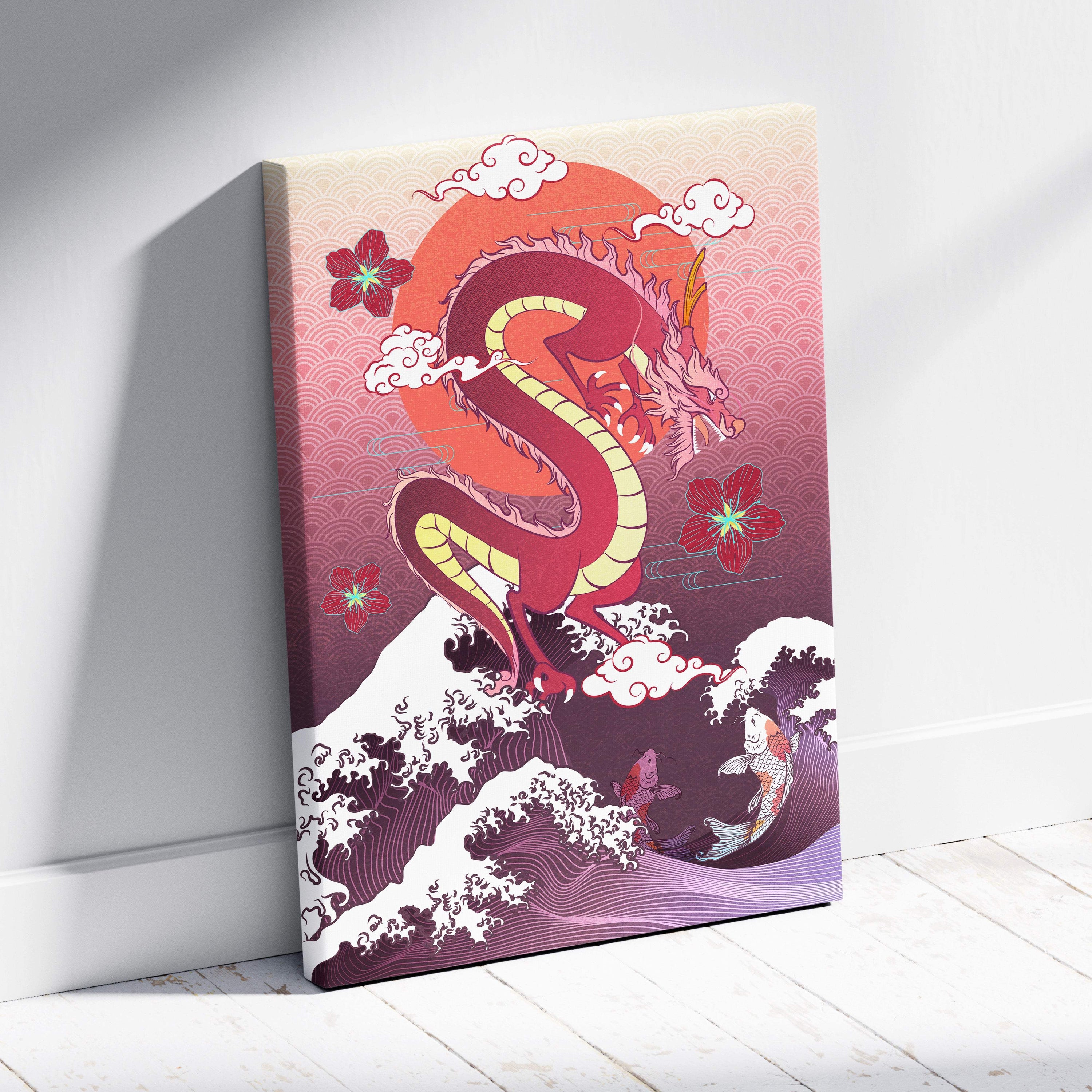 Purple japanese dragon wave canvas wall art featuring a vibrant red dragon with yellow scales above ocean waves at sunset