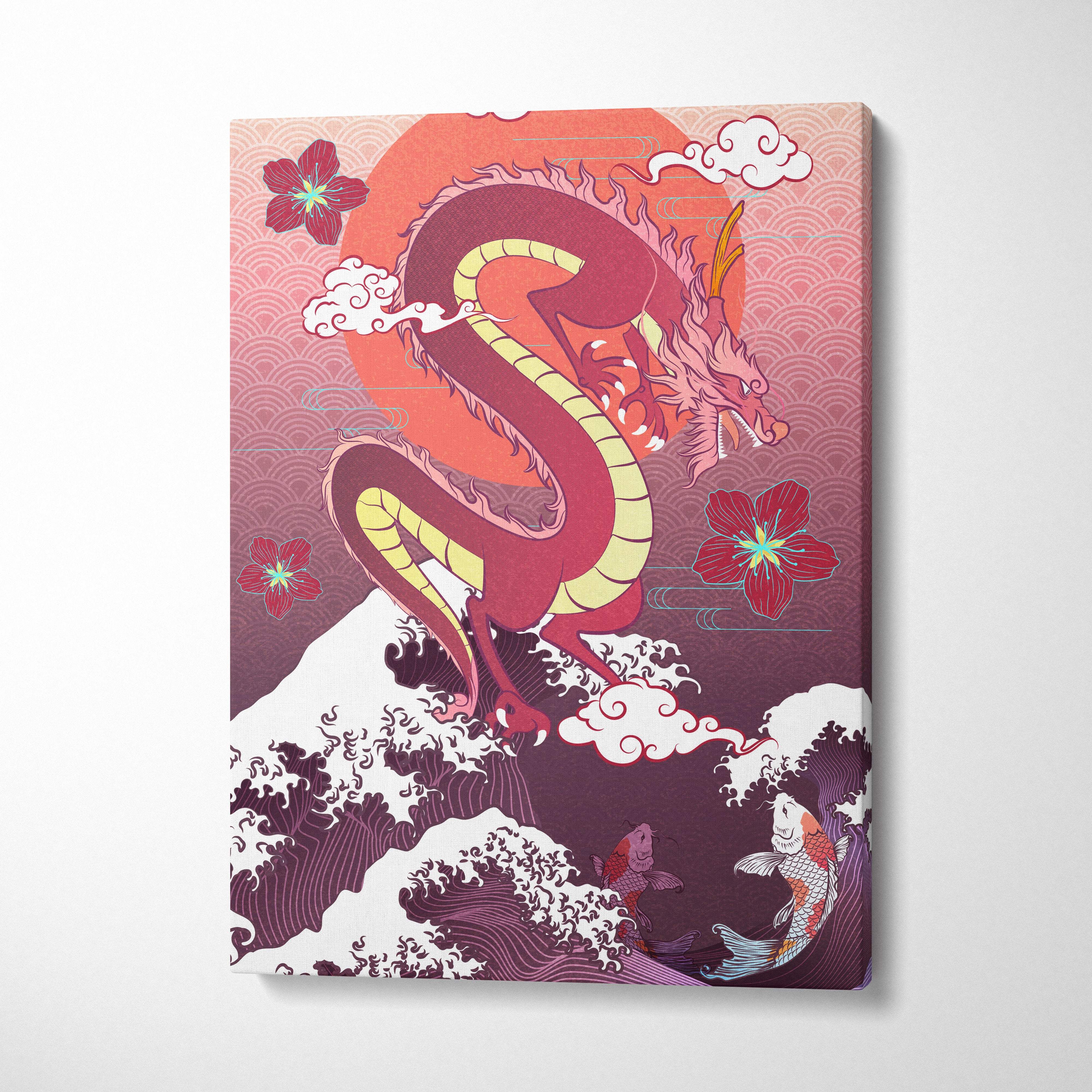 Purple japanese dragon wave canvas wall art with vibrant pink and yellow dragon, cherry blossoms, and stylized waves