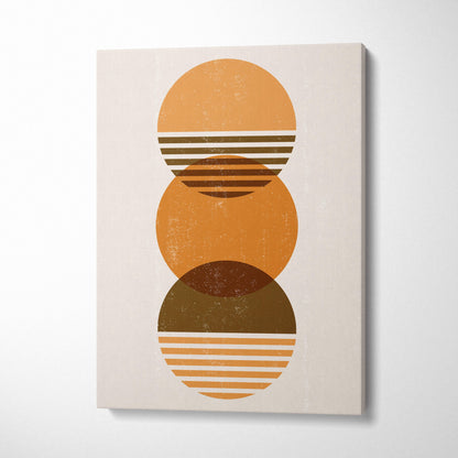A minimalist canvas print featuring three overlapping horizontal striped circles in terracotta and ochre earth tones