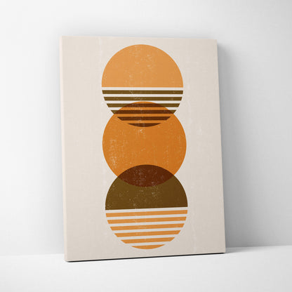 Minimalist canvas print of three overlapping warm earth tone circles with horizontal stripes and textured finish