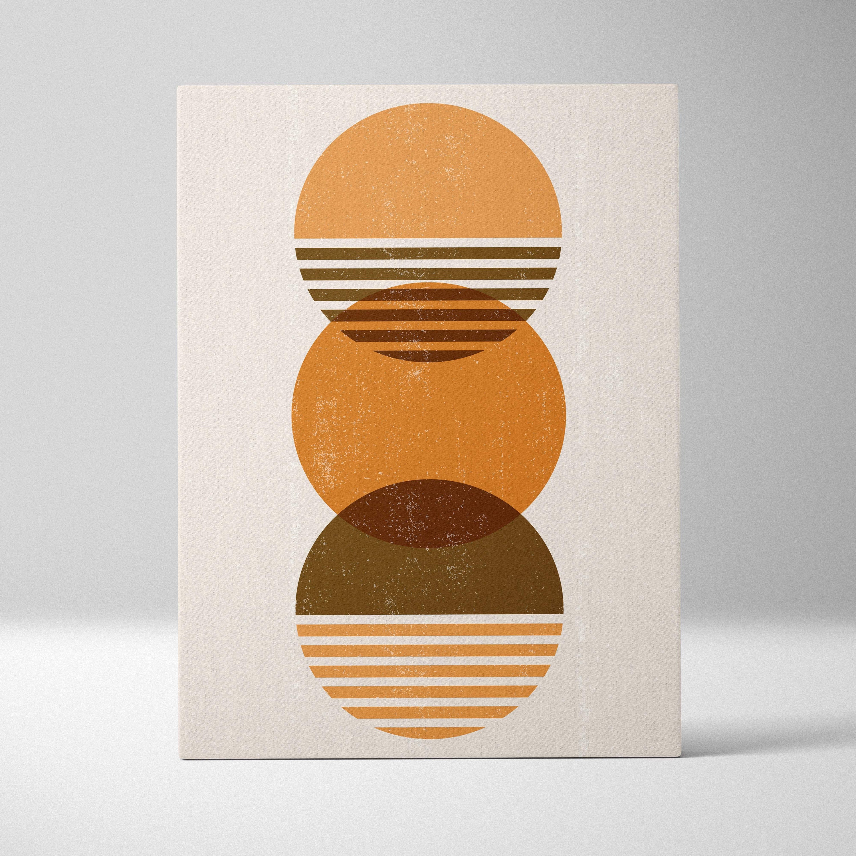 Minimalist abstract canvas print with three overlapping terracotta and ochre circles featuring horizontal stripes
