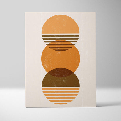 Minimalist abstract canvas print with three overlapping terracotta and ochre circles featuring horizontal stripes