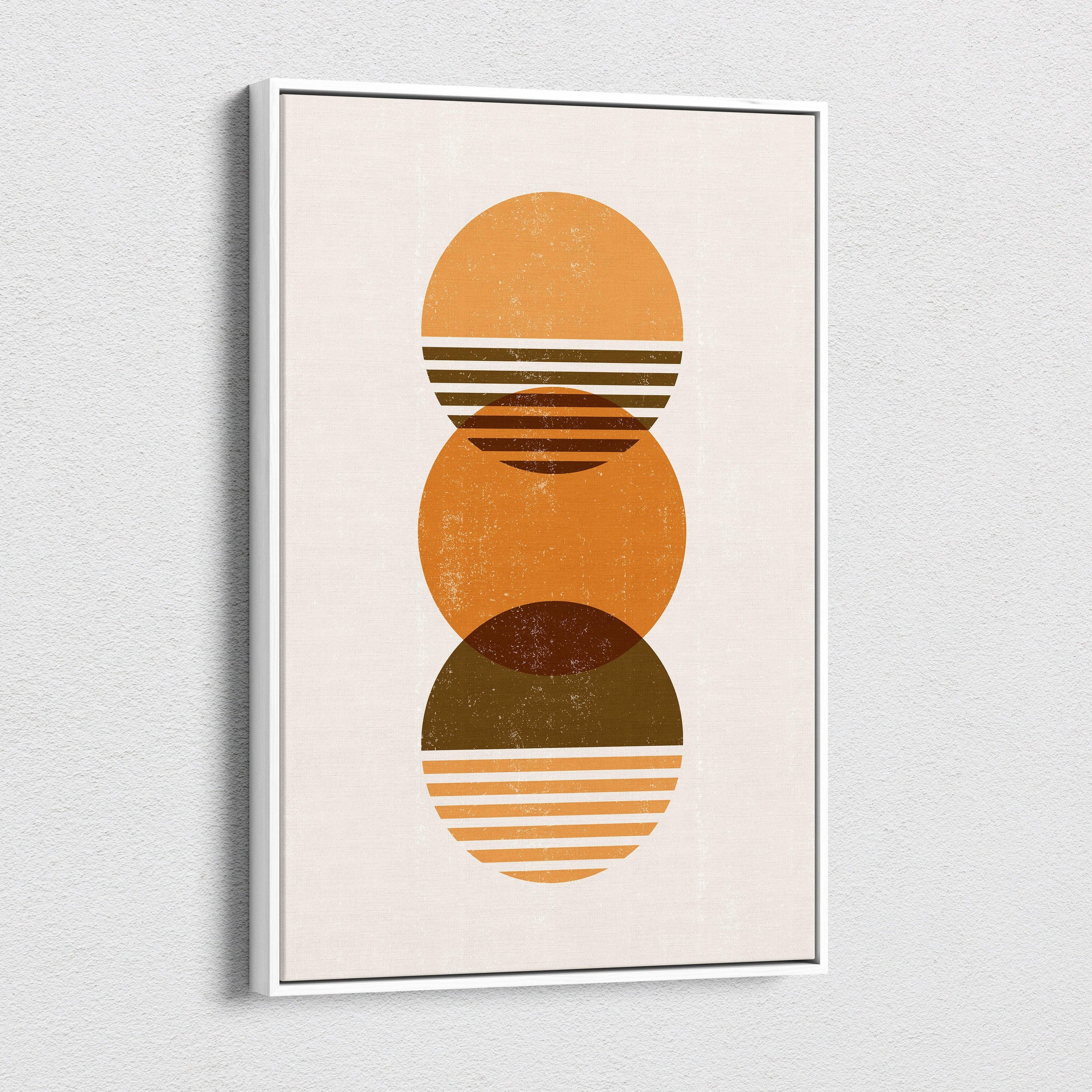Modern abstract art print featuring three stacked circular shapes with horizontal stripes in terracotta and ochre tones