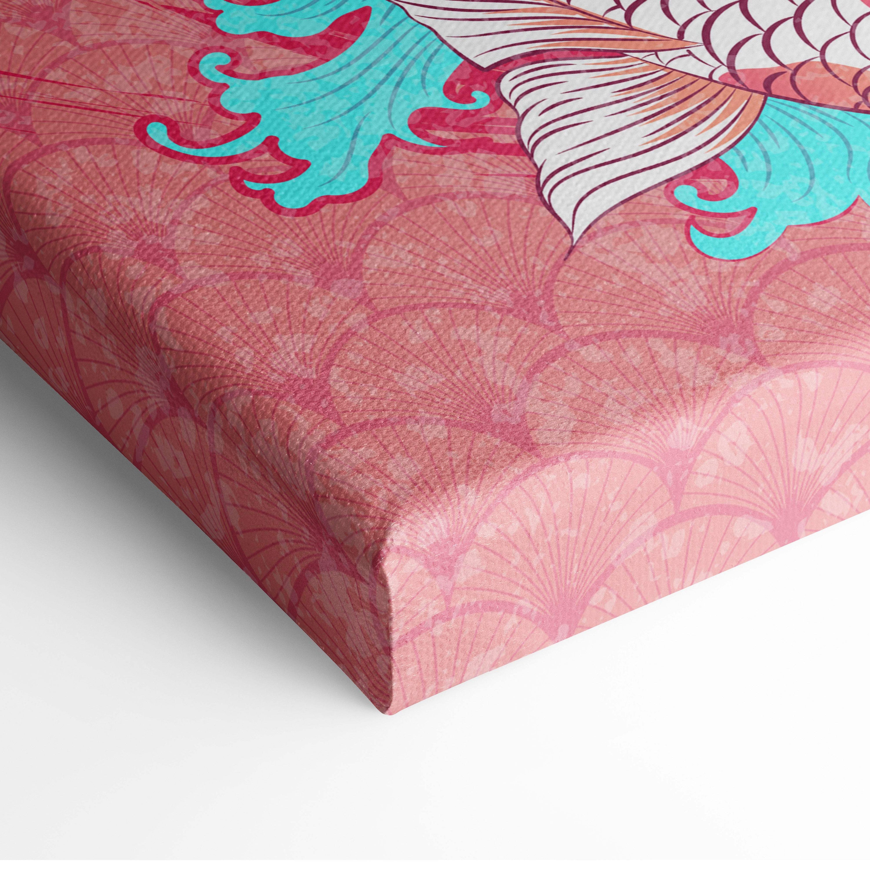 Pink koi fish canvas wall art with turquoise and white scales on pink fan pattern background for bathroom or living room decor