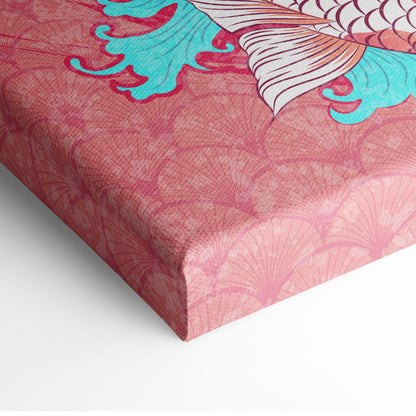 Pink koi fish canvas wall art with turquoise and white scales on pink fan pattern background for bathroom or living room decor