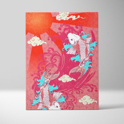 Pink koi fish canvas wall art with vibrant red and pink koi and turquoise fins swimming in stylized waves