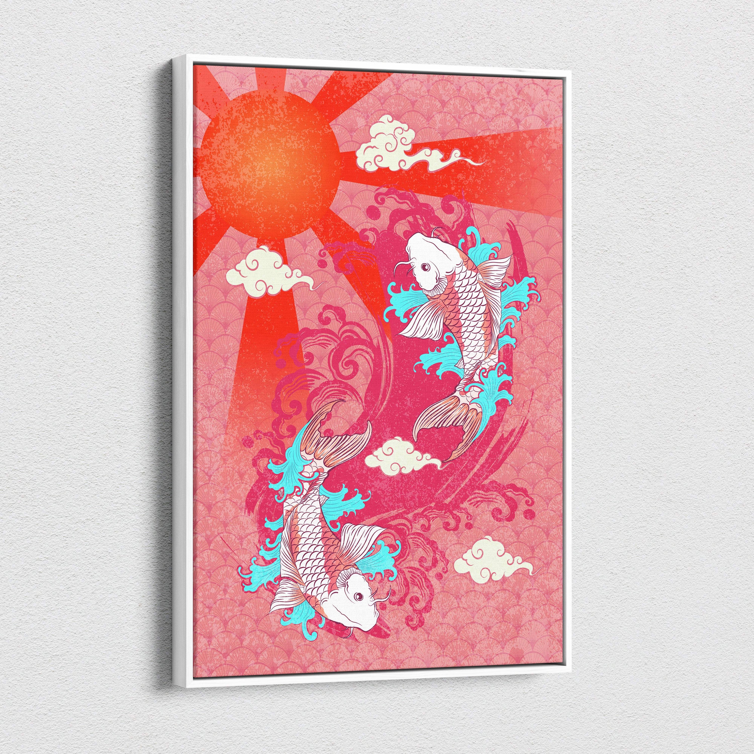 Pink koi fish canvas wall art featuring red sun turquoise waves and stylized Japanese tattoo koi fish design