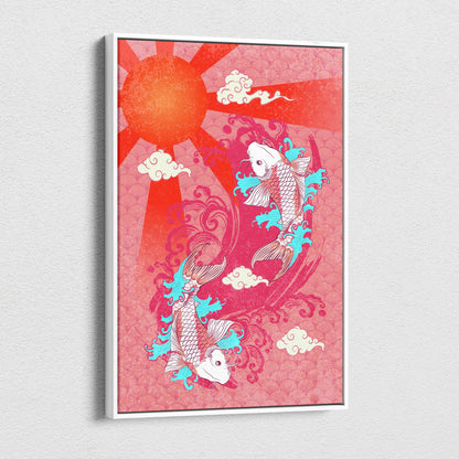 Pink koi fish canvas wall art featuring red sun turquoise waves and stylized Japanese tattoo koi fish design