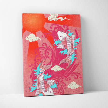 Pink koi fish canvas wall art with vibrant red and pink koi and turquoise fins on cream clouds for playful zen decor