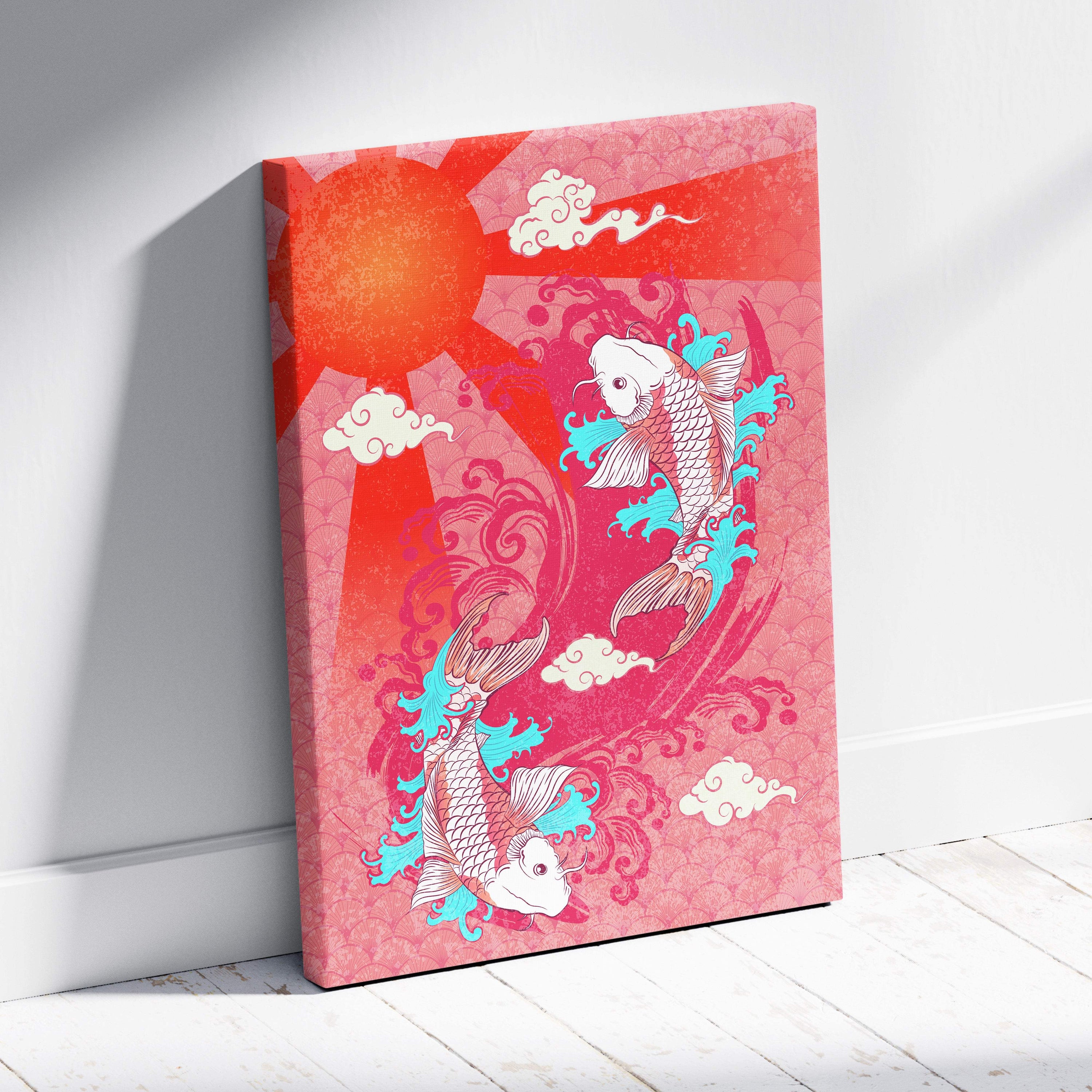 Vibrant pink and orange koi fish canvas wall art with red sun and turquoise waves in japanese tattoo style for living room decor