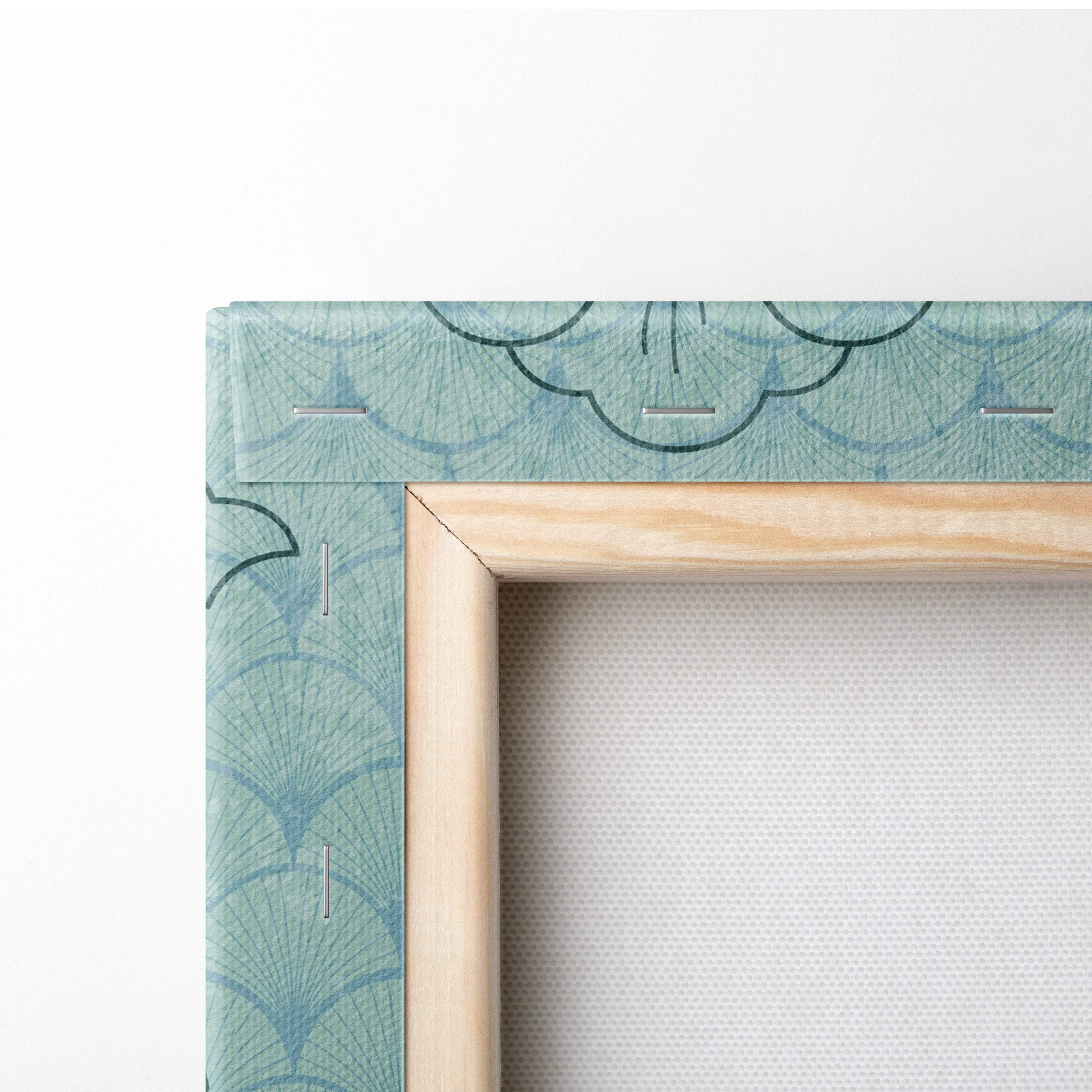 Blue koi fish canvas wall art with light wood frame and teal patterned fabric wrap featuring black scalloped fans