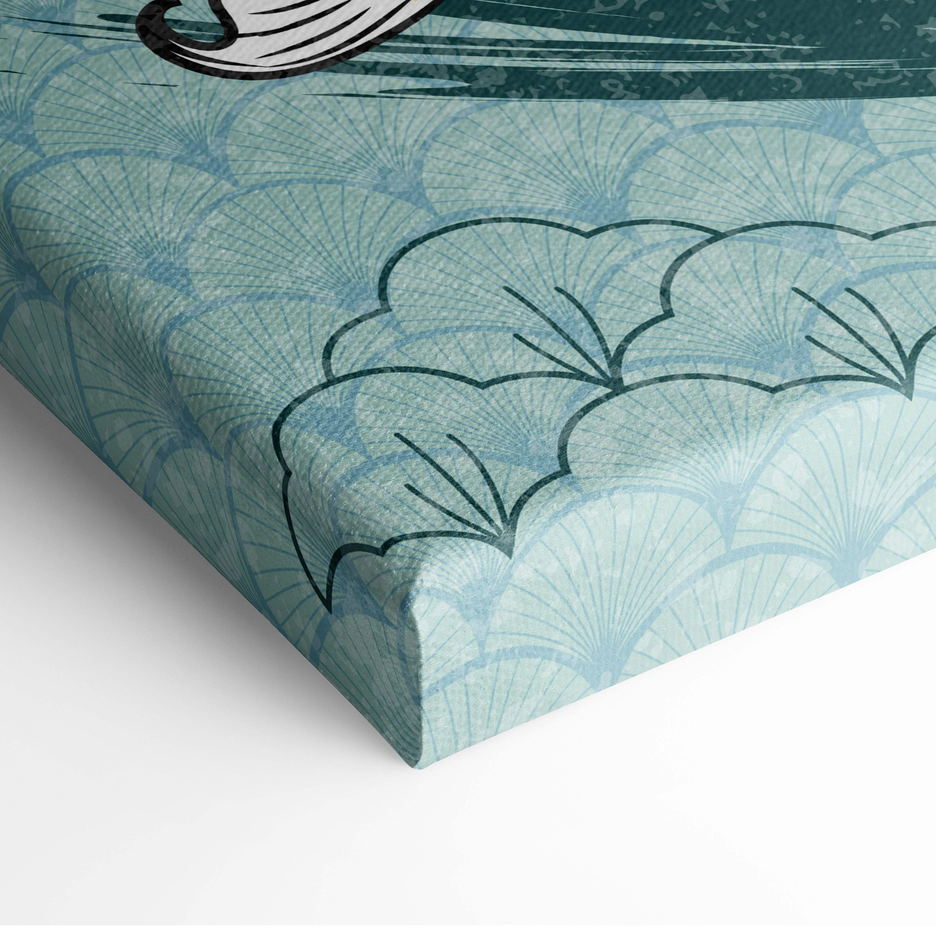 Teal and black ginkgo leaf patterned canvas art complementing blue koi fish japanese tattoo style bathroom wall decor