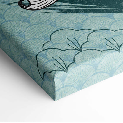 Teal and black ginkgo leaf patterned canvas art complementing blue koi fish japanese tattoo style bathroom wall decor