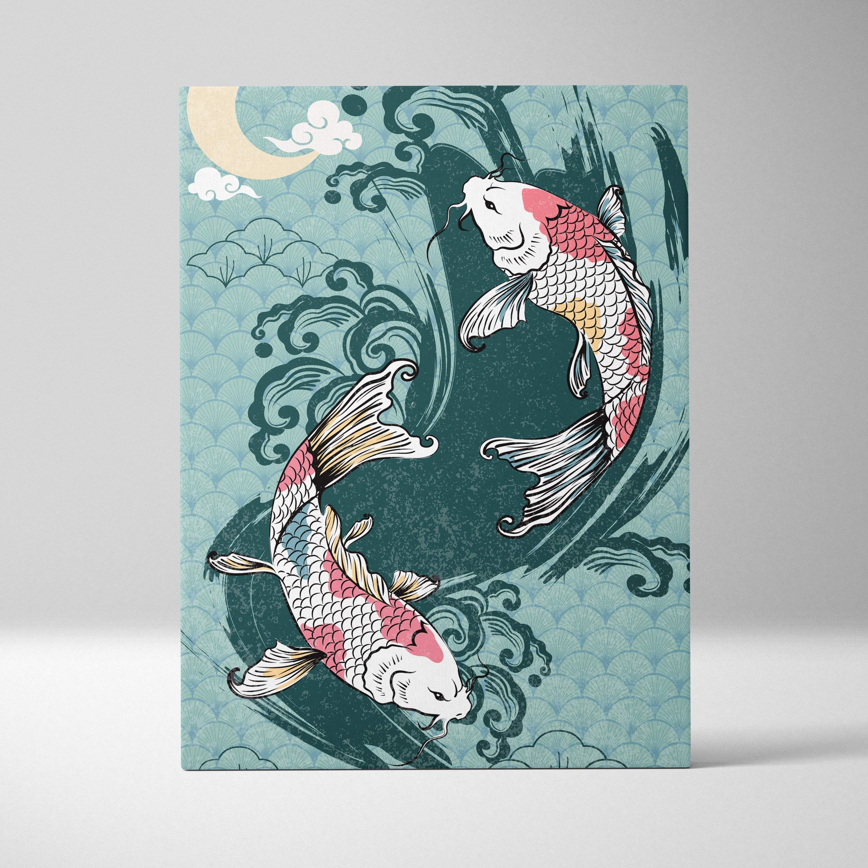 Blue koi fish canvas wall art featuring two pink white and gold koi fish swimming on a teal wave background with a crescent moon