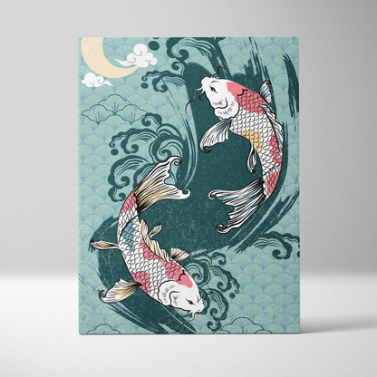 Blue koi fish canvas wall art featuring two pink white and gold koi fish swimming on a teal wave background with a crescent moon
