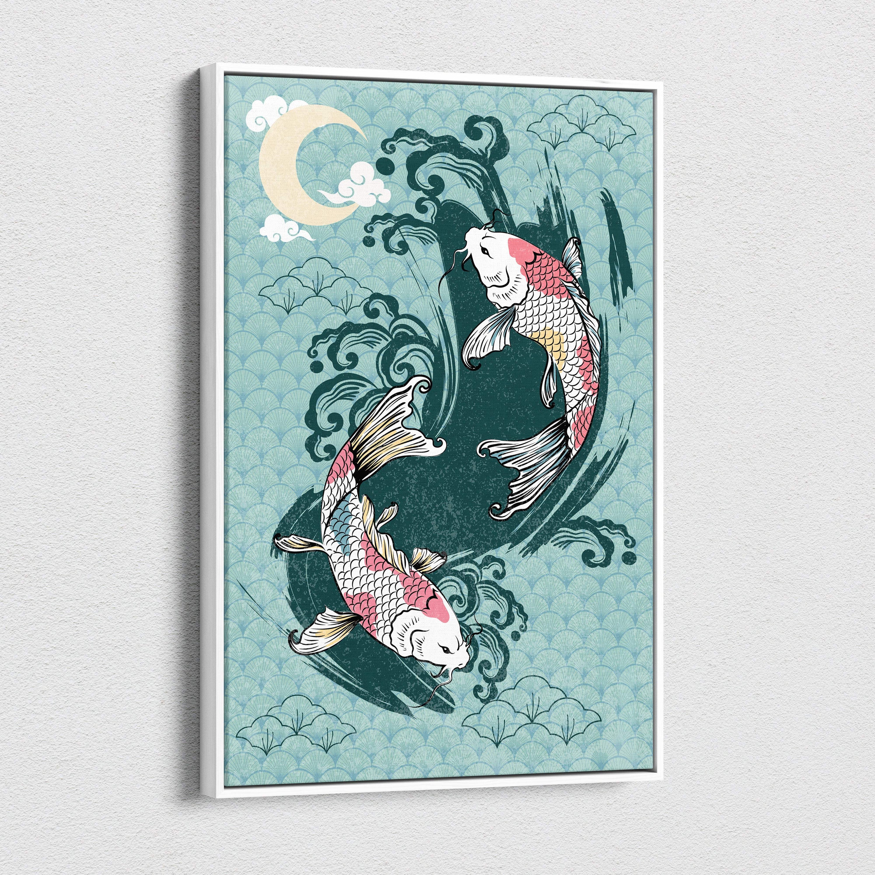 A framed blue koi fish canvas wall art with pink white Japanese tattoo style on teal waves and crescent moon background