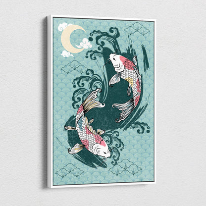 A framed blue koi fish canvas wall art with pink white Japanese tattoo style on teal waves and crescent moon background