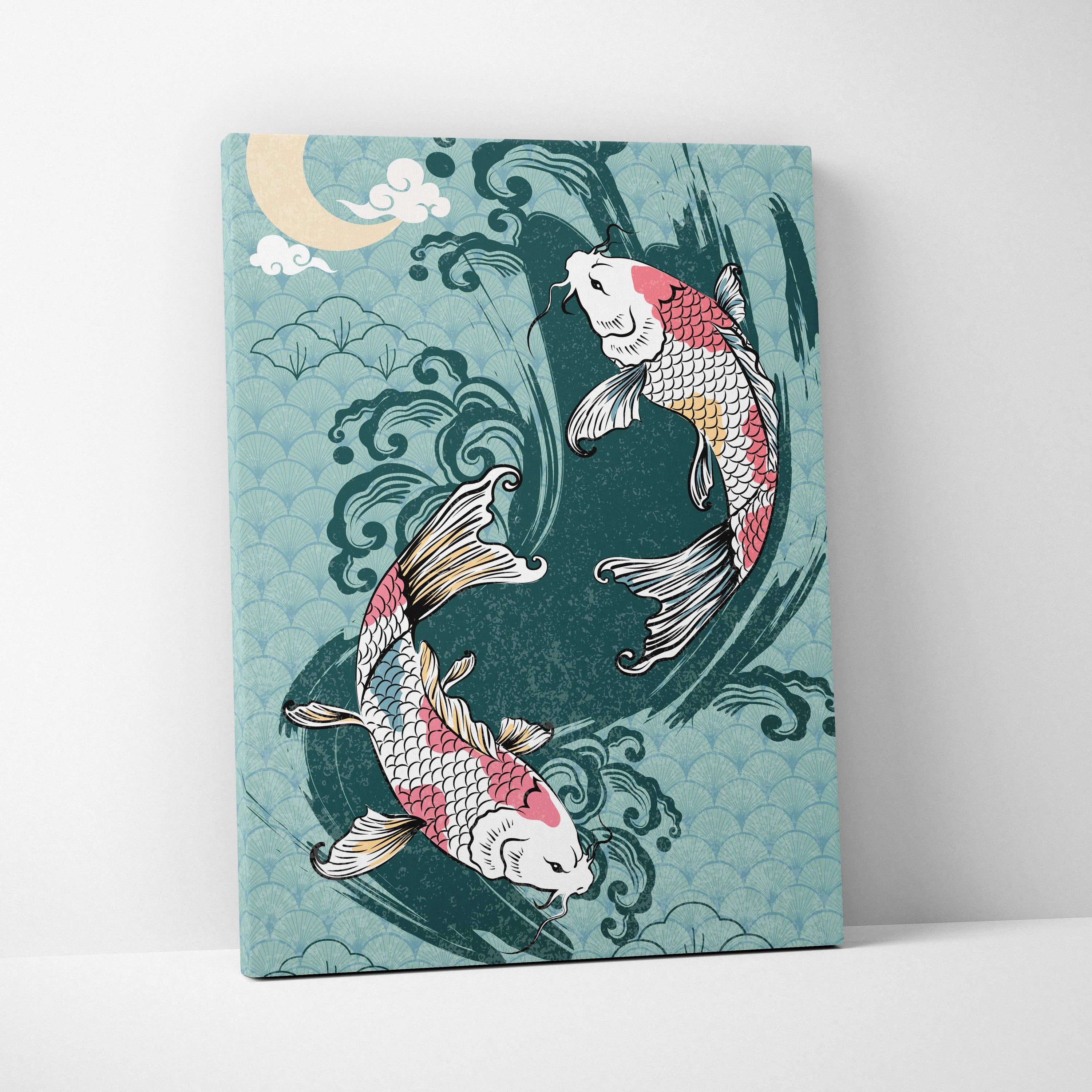 A teal canvas wall art featuring two detailed pink white and gold koi fish with swirling waves and clouds in japanese tattoo style