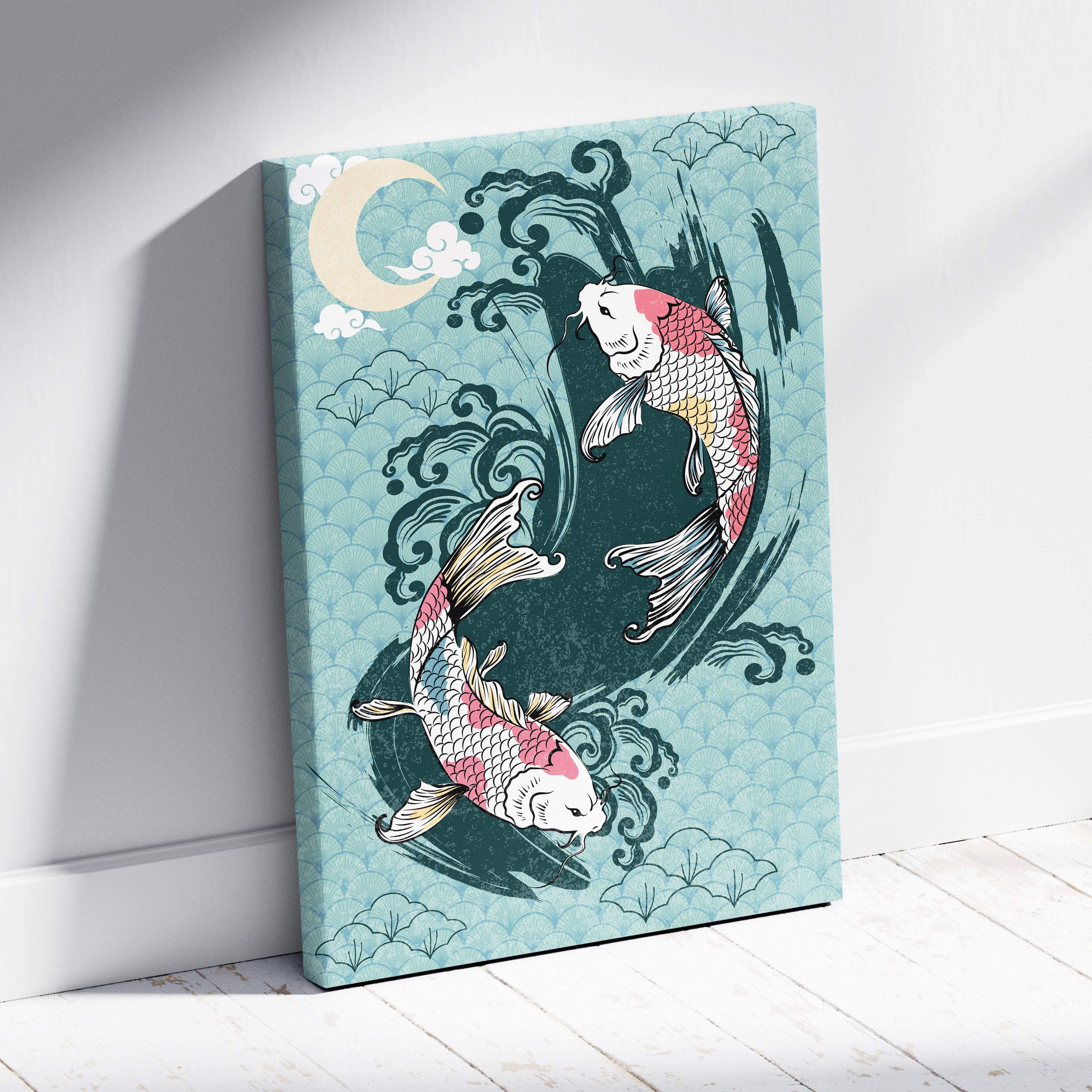 Teal canvas wall art featuring two detailed koi fish in yin-yang pattern with stylized waves and clouds for zen decor