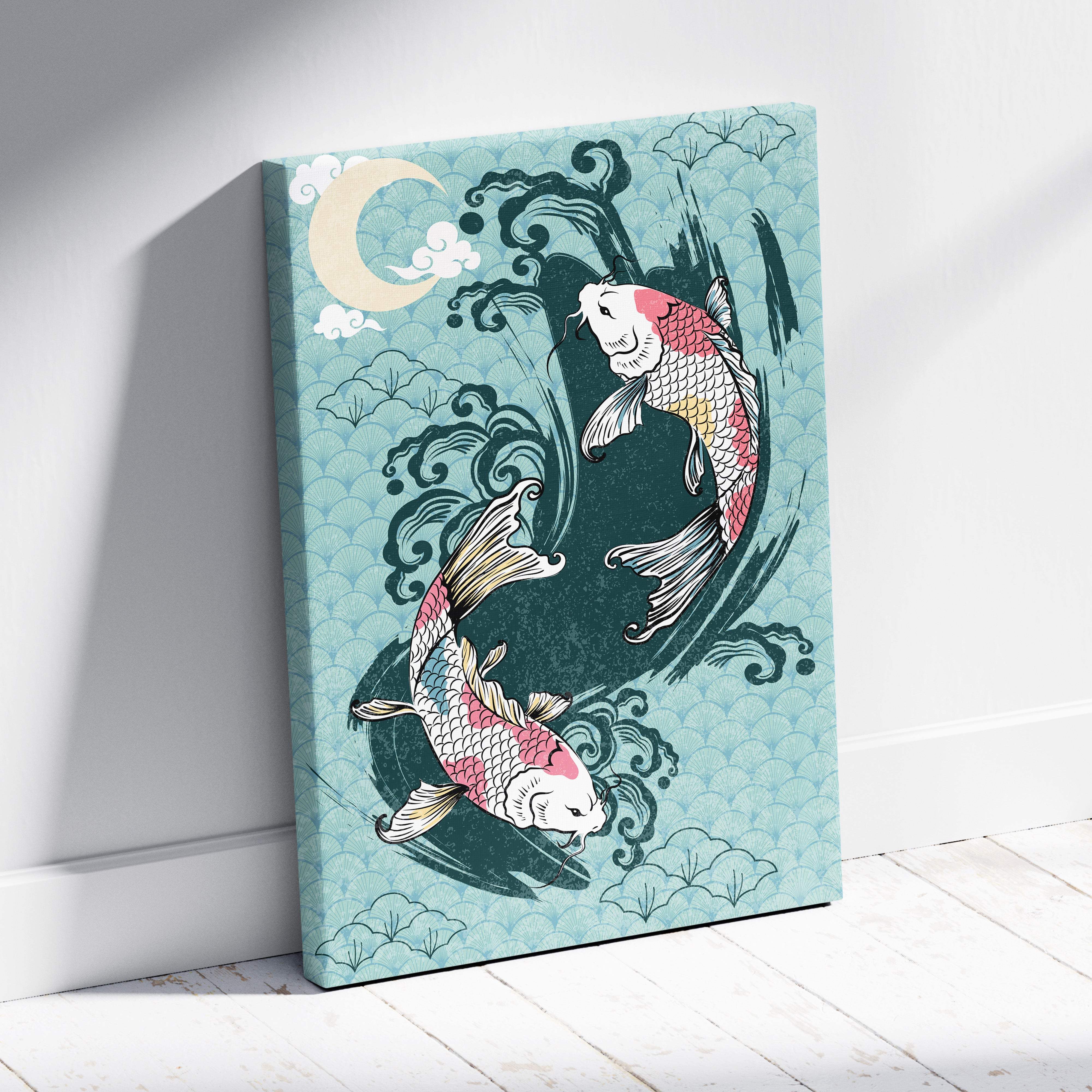 Teal canvas wall art featuring two detailed koi fish in yin-yang pattern with stylized waves and clouds for zen decor