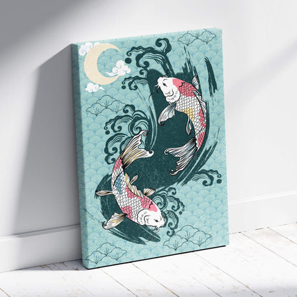 Teal canvas wall art featuring two detailed koi fish in yin-yang pattern with stylized waves and clouds for zen decor