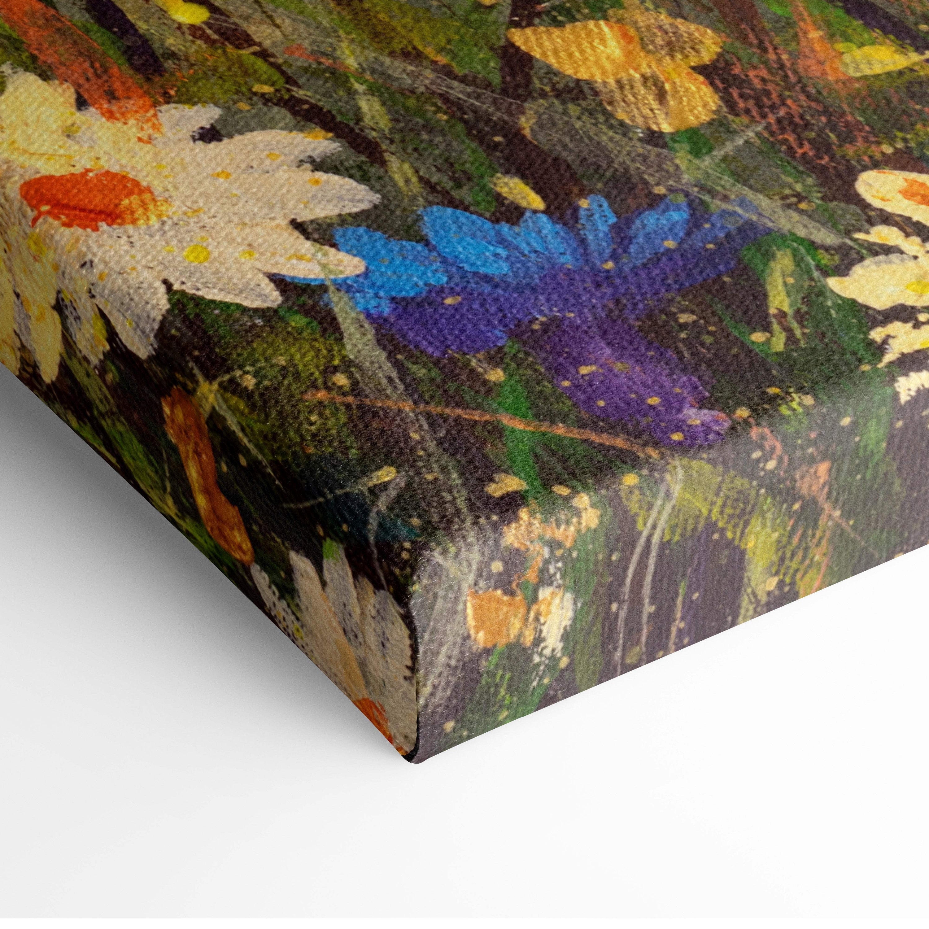 A vibrant oil painting canvas print featuring bold white blue and purple floral patterns on a dark green background