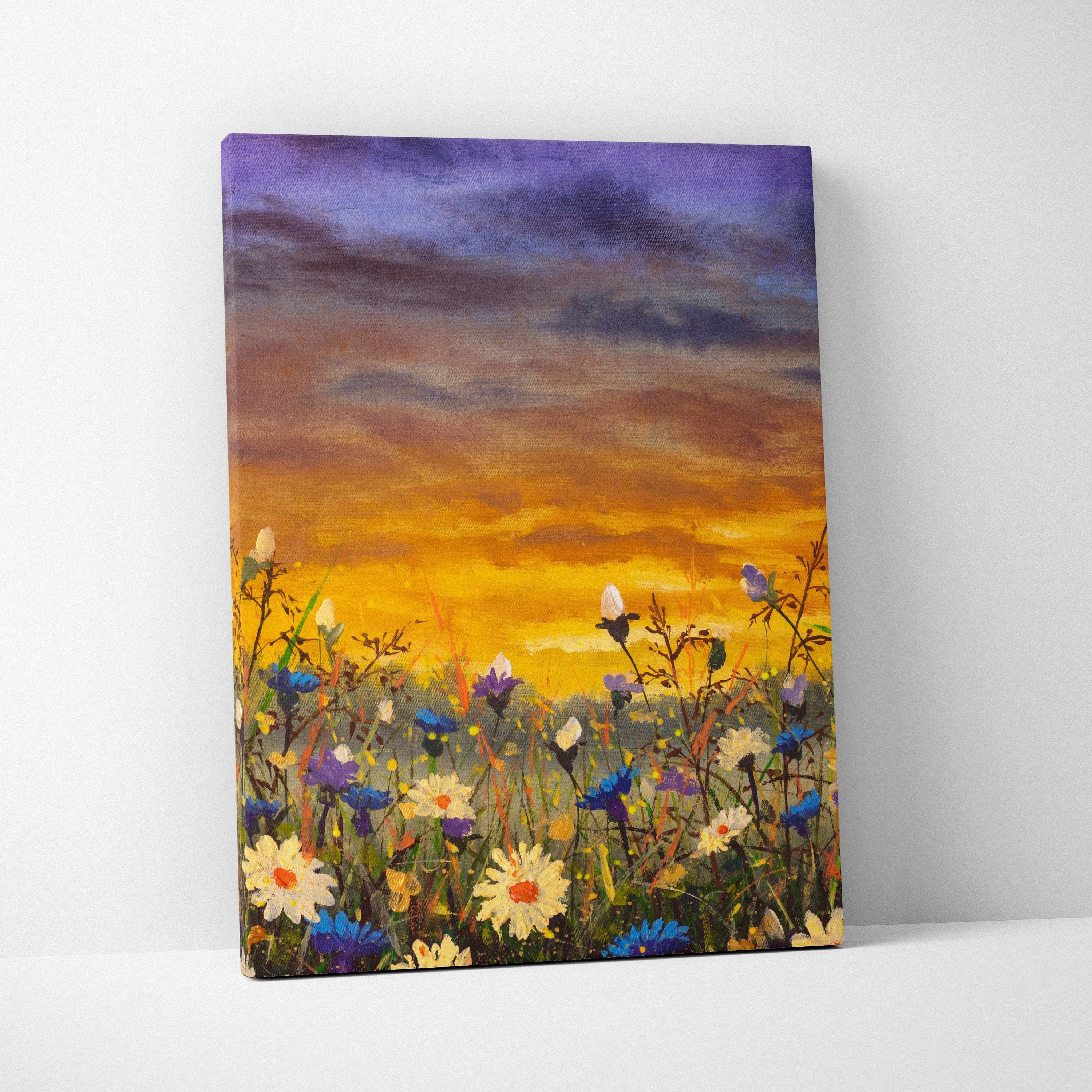 Wildflower meadow sunset canvas print showing vibrant wildflowers under a golden orange and purple sky in oil painting style