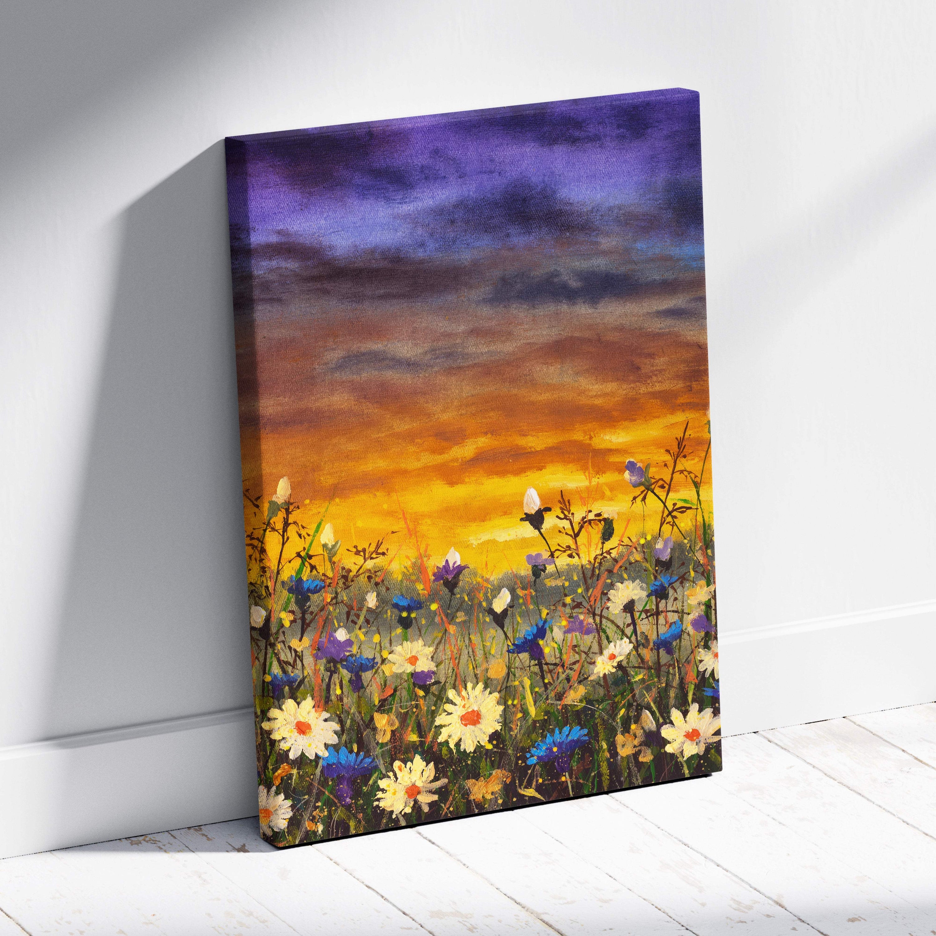 Vibrant wildflower meadow sunset canvas print with purple clouds orange sky and colorful daisy flowers in oil painting style