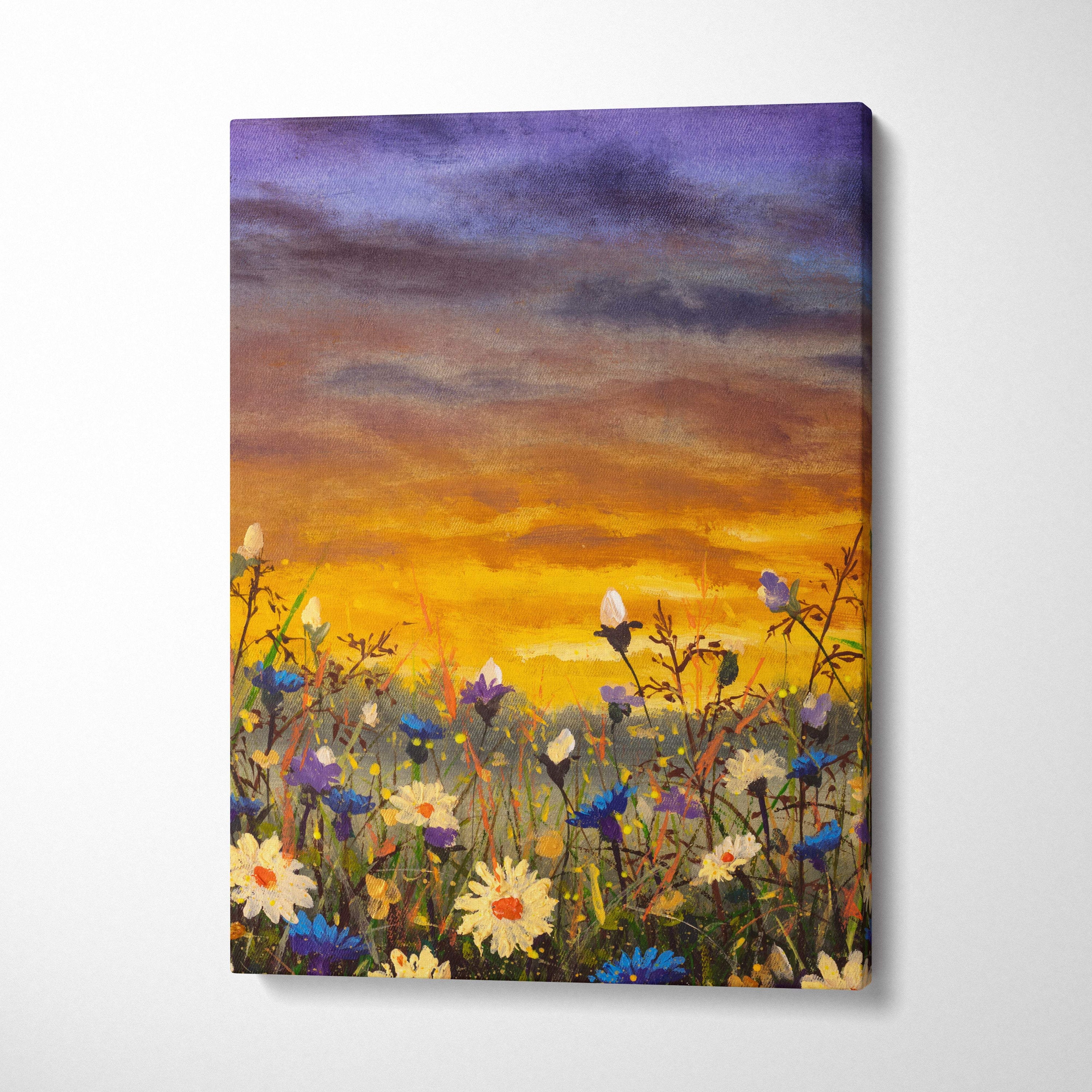Wildflower meadow sunset canvas print showing a vibrant oil painting of colorful daisies under a golden orange sky