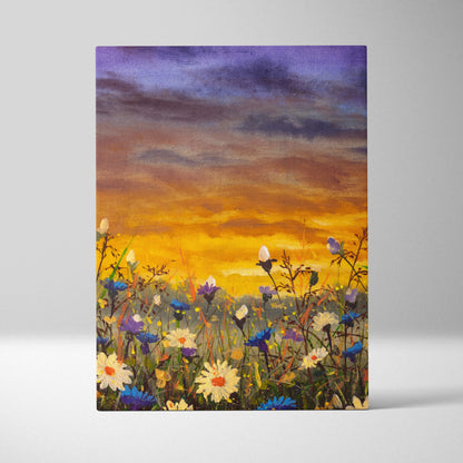 A vibrant wildflower meadow sunset canvas print featuring bold orange and purple oil painting brushstrokes