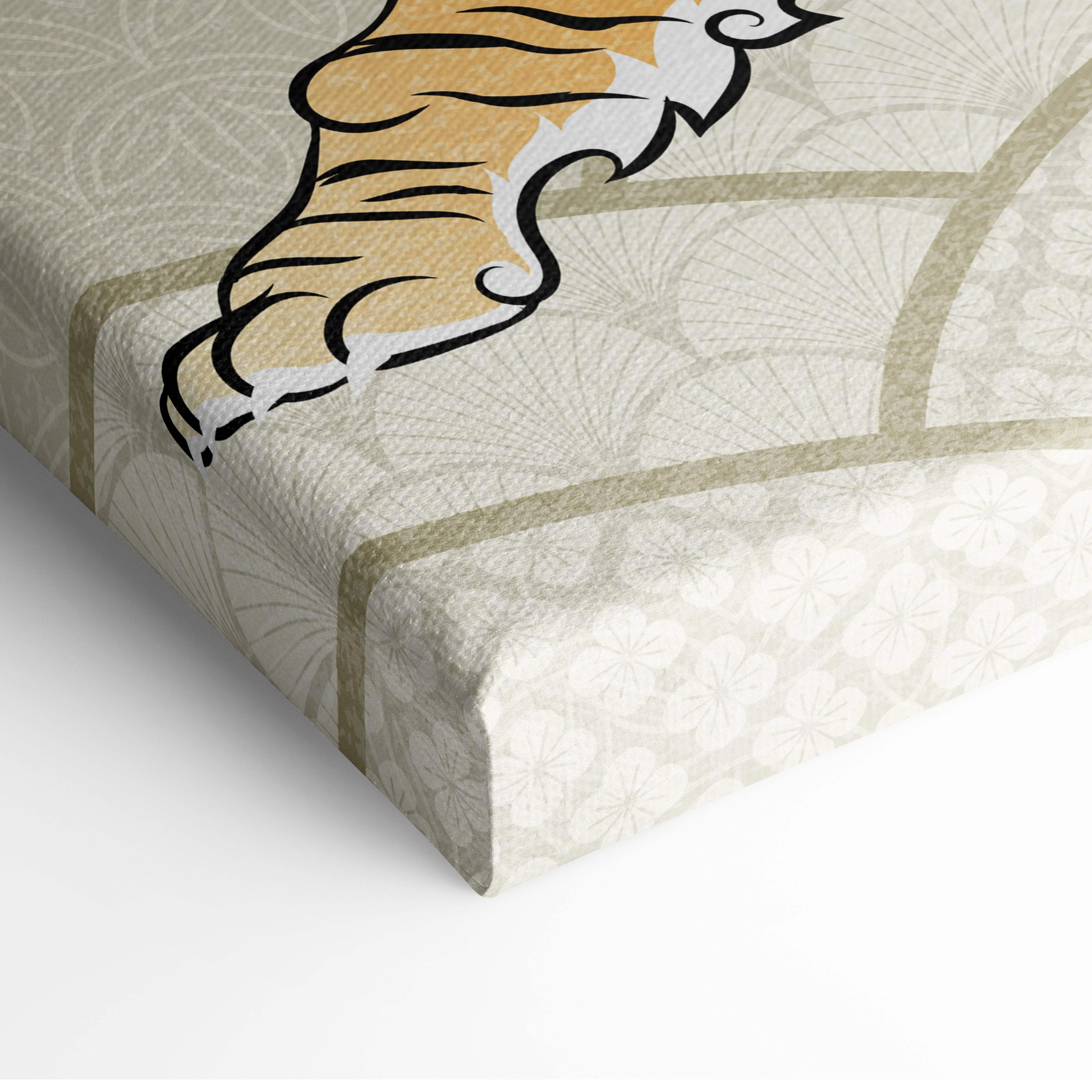 Beige canvas wall art with stylized tan and white tiger paw and subtle floral pattern in bold zen wildlife decor style