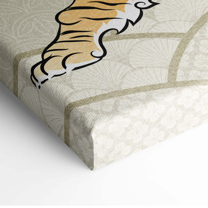 Beige canvas wall art with stylized tan and white tiger paw and subtle floral pattern in bold zen wildlife decor style