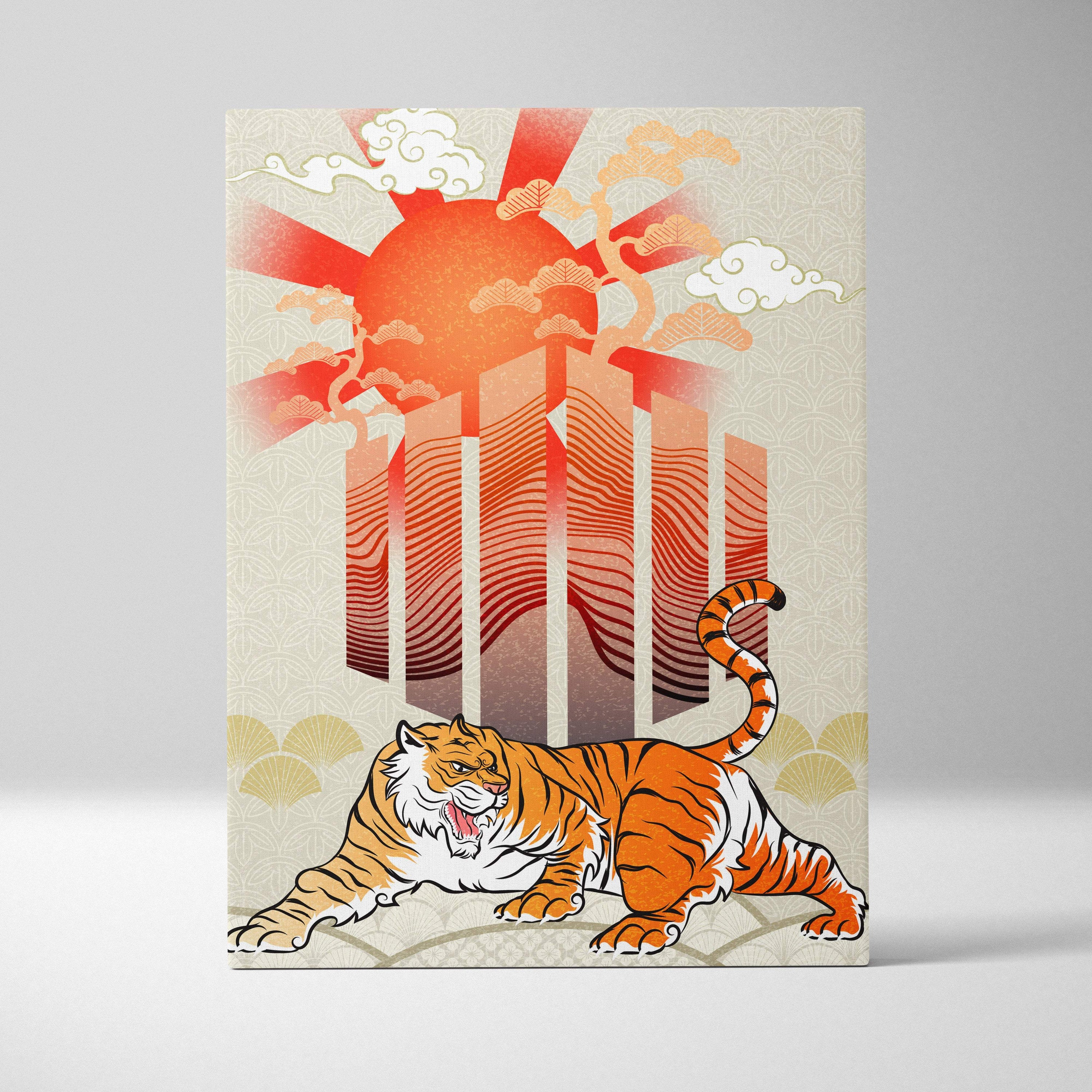 Orange and white tiger canvas wall art with red sun rays and japanese fan motifs for bold zen wildlife decor