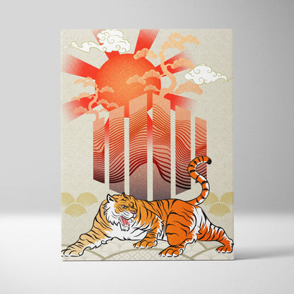 Orange and white tiger canvas wall art with red sun rays and japanese fan motifs for bold zen wildlife decor