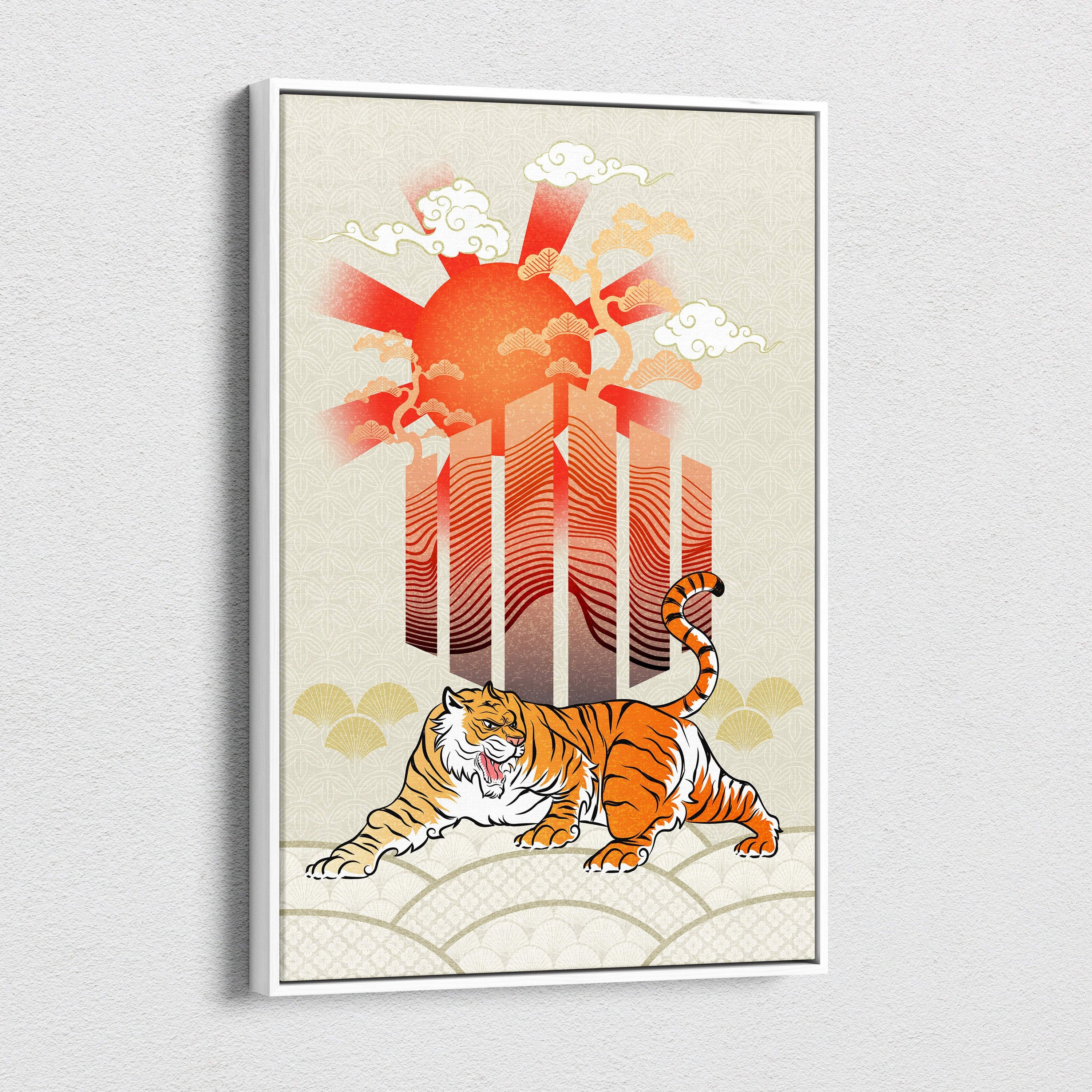 A framed orange and black Japanese tiger canvas wall art with red sun rays and zen wildlife decor for game room